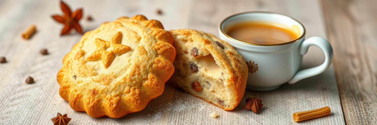 Freshly baked cookies and a cup of coffee on a wooden table during a cozy afternoon